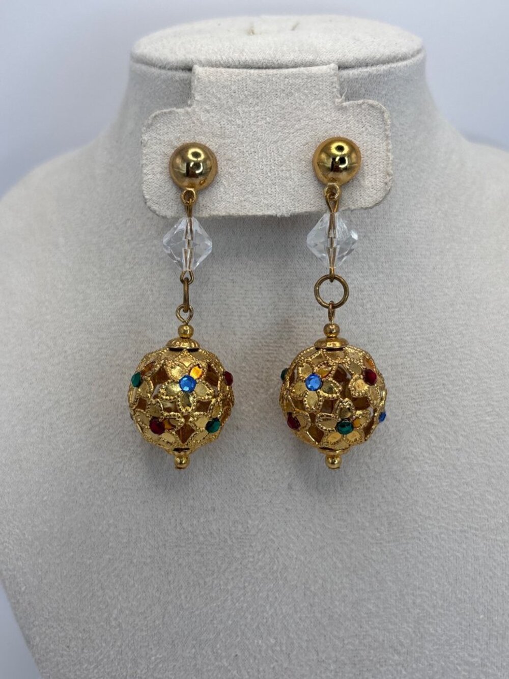 Vintage Gold Tone Dangle Filigree Ball Color Crystals Renaissance Style Earrings
